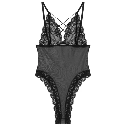 Sexy Strappy V-neck Sheer Bodysuit - Image 3