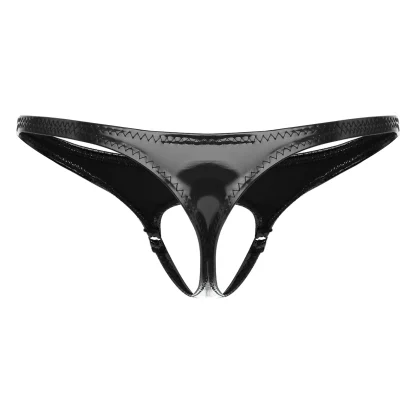 Sleek Black Shiny Crotchless Thong - Image 7