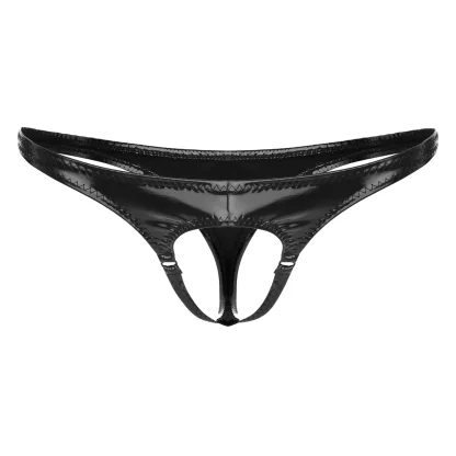 Sleek Black Shiny Crotchless Thong - Image 6