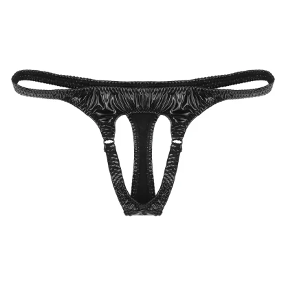 Sleek Black Shiny Crotchless Thong - Image 9