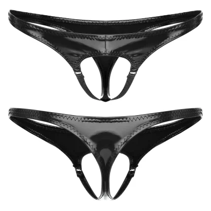 Sleek Black Shiny Crotchless Thong - Image 10