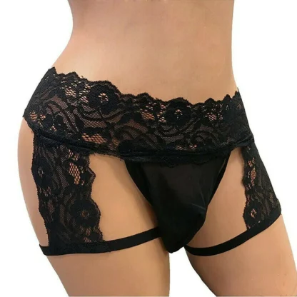 Sheer Lace Garter Black Thong - Image 2